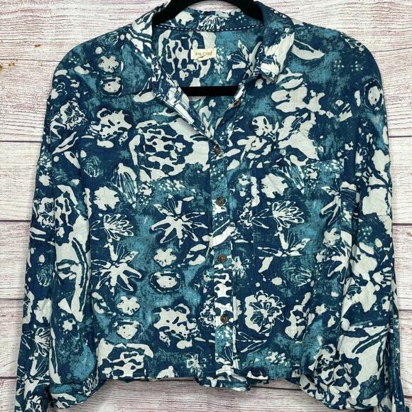 Pilcro Batik Cropped Ruffle Blue & White Loose Fit Batwing Blouse Top Size Small - Picture 11 of 11